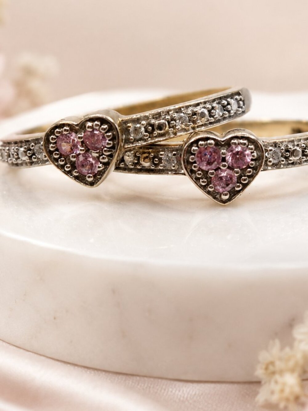 Pink Sapphire Heart Stackable Ring Set
